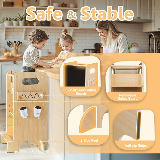 Toddler Tower 4-in-1 Multifunctional Kitchen Stool Helper with Removable Safety Plate, Adjustable Height, Slide, High Chair, Blackboard, Montessori Games